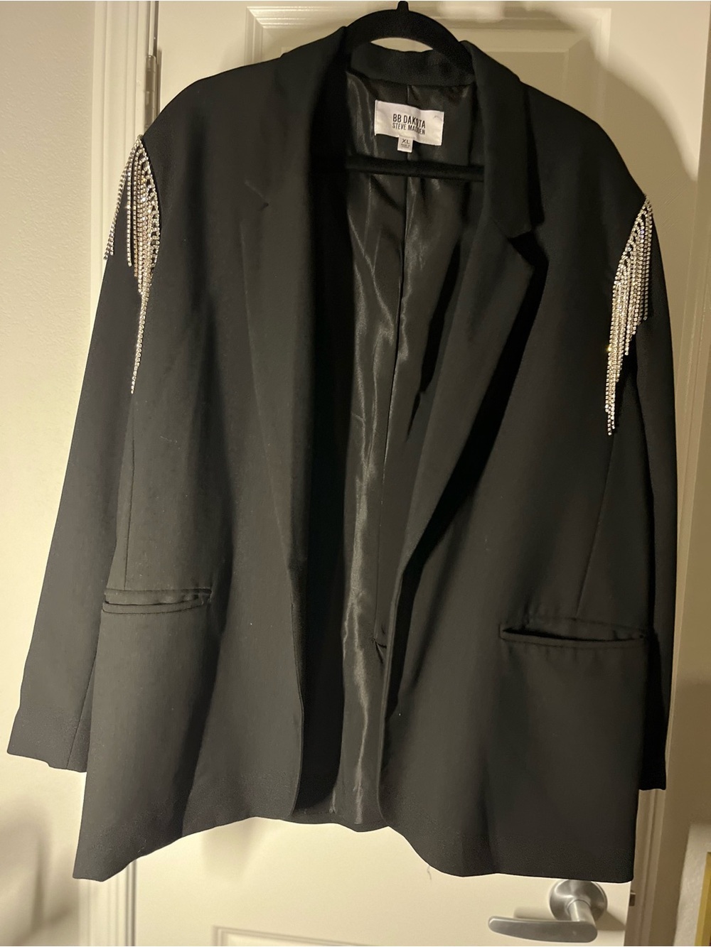 BB Dakota Black Blazer with Crystal Fringe Shoulder Detail